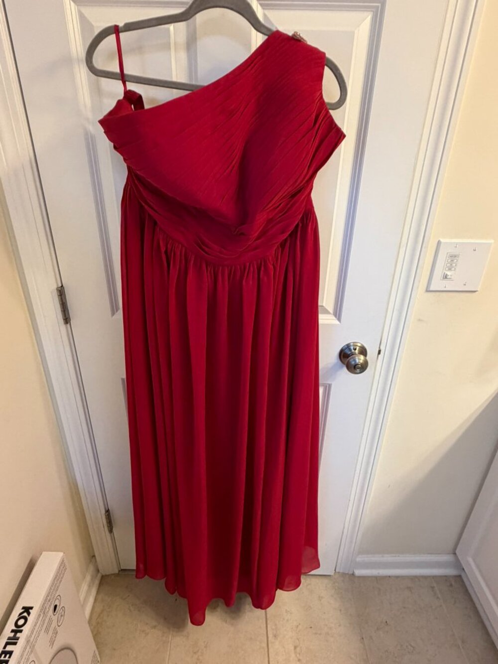 One-Shoulder Chiffon Formal Gown - Rhinestone Accent & Lace-Up Back